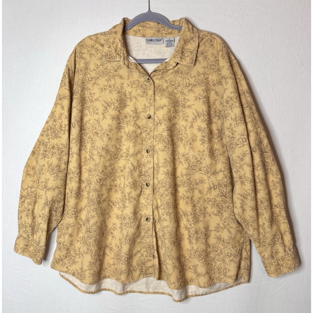 Cabin Creek Floral Corduroy Button Shirt Womens‎ 3X Brown 100% Cotton Western
